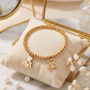 Whimsical 18K Gold Plated Stainless Steel Bear Charm Beaded Trendy Bracelet